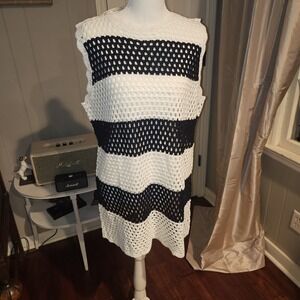 Crochet Beach Cover Up. Black And White Striped W Open Back. NWT. Medium